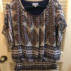 Flowy top with navy, purple and tan design